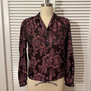 VINTAGE 1990s DAVID BENJAMIN BLACK AND PINK FLORAL BLOUSE. SIZE MEDIUM.